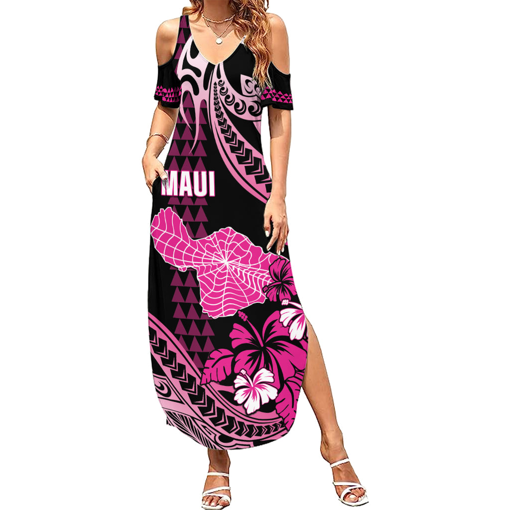 Hawaii Maui Upena Kiloi Family Matching Summer Maxi Dress and Hawaiian Shirt Kakau Tribal Pattern Pink Version LT05 Mom's Dress Pink - Polynesian Pride