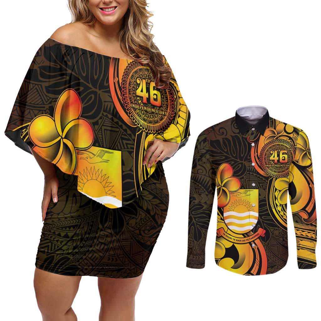 Personalised Kiribati Independence Day Couples Matching Off Shoulder Short Dress and Long Sleeve Button Shirt 46th Anniversary LT05 Yellow - Polynesian Pride