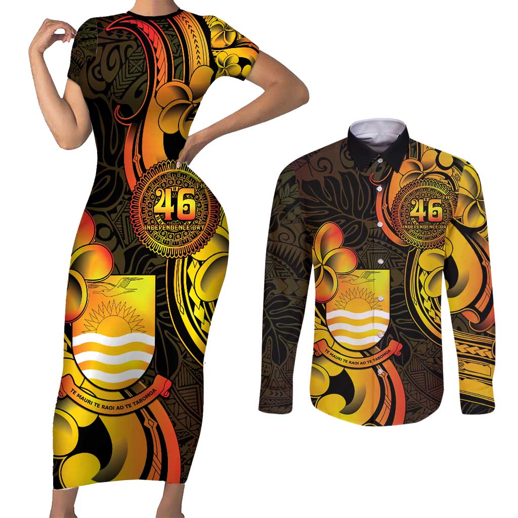 Personalised Kiribati Independence Day Couples Matching Short Sleeve Bodycon Dress and Long Sleeve Button Shirt 46th Anniversary LT05 Yellow - Polynesian Pride