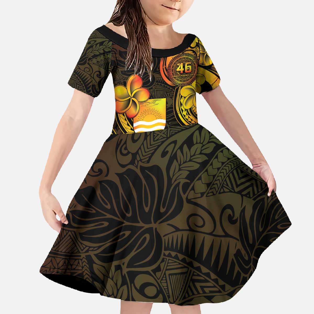 Personalised Kiribati Independence Day Family Matching Off The Shoulder Long Sleeve Dress and Hawaiian Shirt 46th Anniversary LT05 Daughter's Dress Yellow - Polynesian Pride