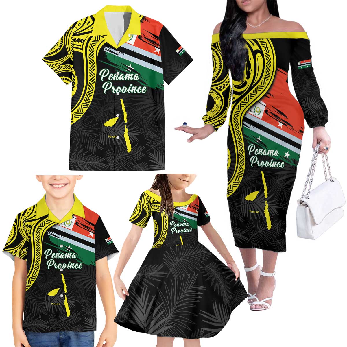 Personalised Vanuatu Penama Day Family Matching Off The Shoulder Long Sleeve Dress and Hawaiian Shirt Grunge Flag Style LT05 - Polynesian Pride