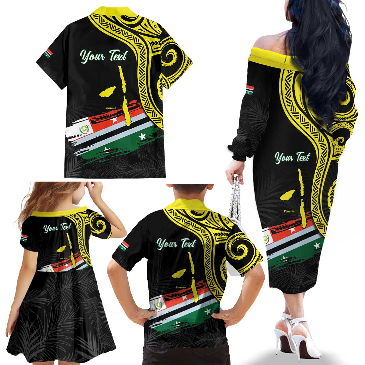 Personalised Vanuatu Penama Day Family Matching Off The Shoulder Long Sleeve Dress and Hawaiian Shirt Grunge Flag Style LT05 - Polynesian Pride