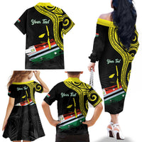 Personalised Vanuatu Penama Day Family Matching Off The Shoulder Long Sleeve Dress and Hawaiian Shirt Grunge Flag Style LT05 - Polynesian Pride