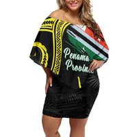 Personalised Vanuatu Penama Day Family Matching Off Shoulder Short Dress and Hawaiian Shirt Grunge Flag Style LT05 Mom's Dress Black - Polynesian Pride