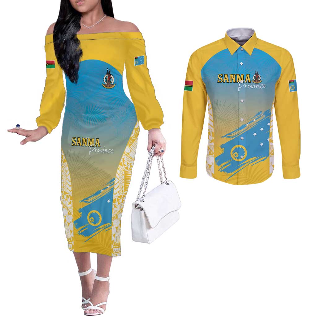 Personalised Vanuatu Sanma Day Couples Matching Off The Shoulder Long Sleeve Dress and Long Sleeve Button Shirt Special Style - Polynesian Pride