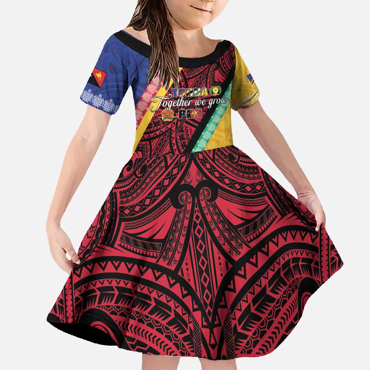Love Torba PNG Day Family Matching Off The Shoulder Long Sleeve Dress and Hawaiian Shirt Together We Grow LT05 Daughter's Dress Colorful - Polynesian Pride