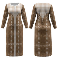 Beige Hawaii Paniolo Quilt Motif Couples Matching Long Sleeve Bodycon Dress and Hawaiian Shirt LT05 - Polynesian Pride