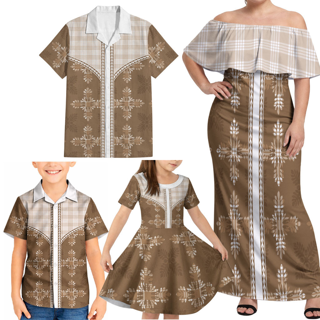 Beige Hawaii Paniolo Quilt Motif Family Matching Off Shoulder Maxi Dress and Hawaiian Shirt LT05 - Polynesian Pride
