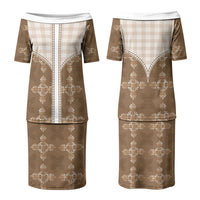 Beige Hawaii Paniolo Quilt Motif Family Matching Puletasi and Hawaiian Shirt LT05 Mom's Dress Beige - Polynesian Pride