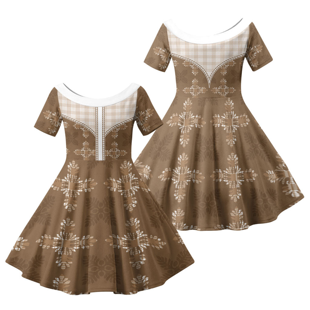 Beige Hawaii Paniolo Quilt Motif Family Matching Puletasi and Hawaiian Shirt LT05 Daughter's Dress Beige - Polynesian Pride