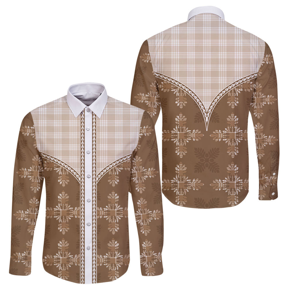 Beige Hawaii Paniolo Quilt Motif Family Matching Summer Maxi Dress and Hawaiian Shirt LT05 Dad's Shirt - Long Sleeve Beige - Polynesian Pride