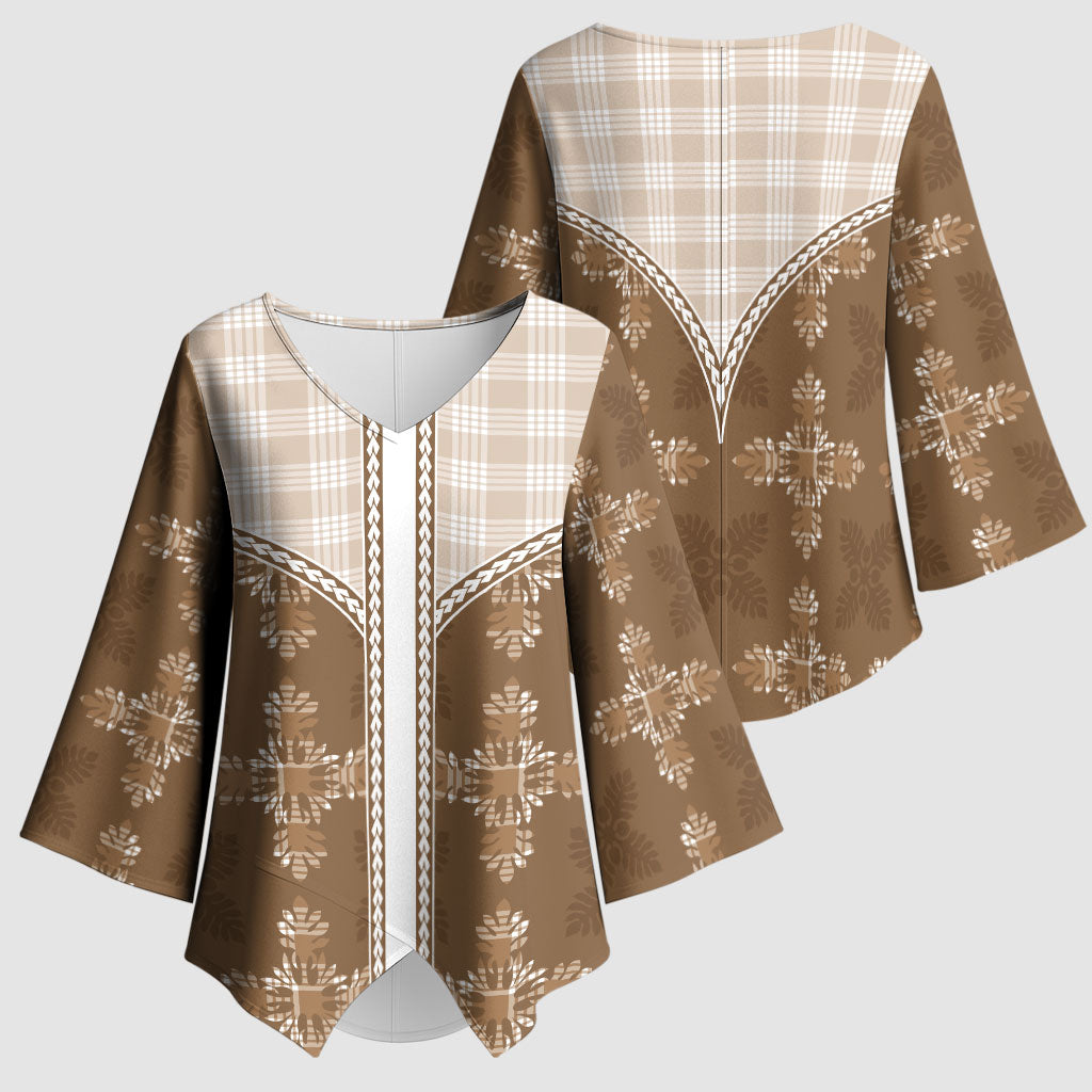Beige Hawaii Paniolo Quilt Motif Kimono Sleeve Blouse LT05 - Polynesian Pride