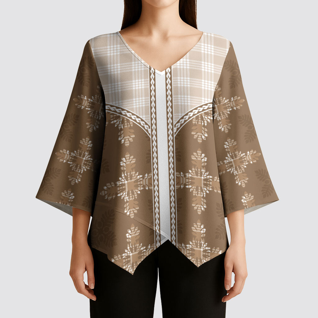 Beige Hawaii Paniolo Quilt Motif Kimono Sleeve Blouse LT05 - Polynesian Pride