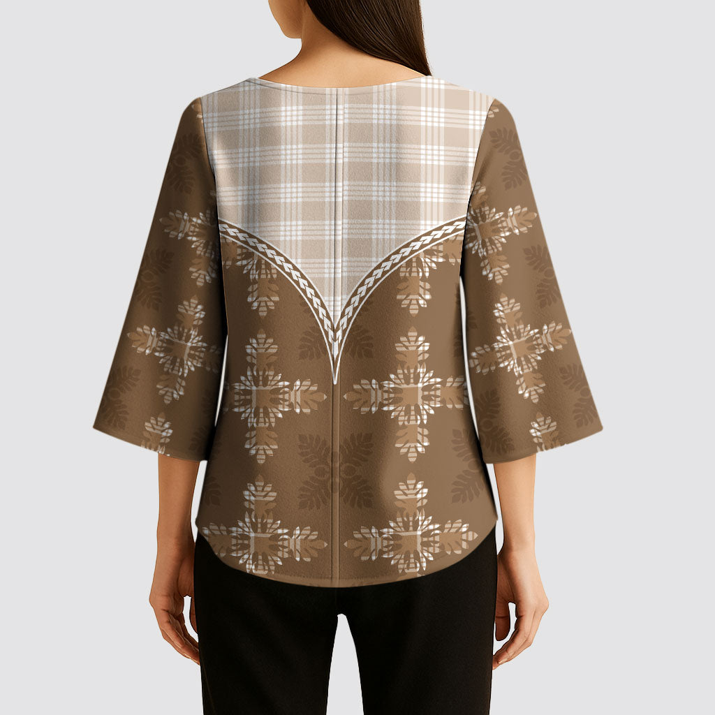 Beige Hawaii Paniolo Quilt Motif Kimono Sleeve Blouse LT05 - Polynesian Pride