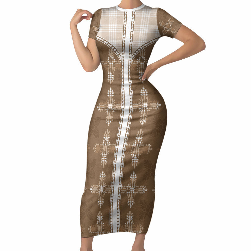 Beige Hawaii Paniolo Quilt Motif Short Sleeve Bodycon Dress