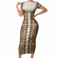 Beige Hawaii Paniolo Quilt Motif Short Sleeve Bodycon Dress LT05 Long Dress Beige - Polynesian Pride