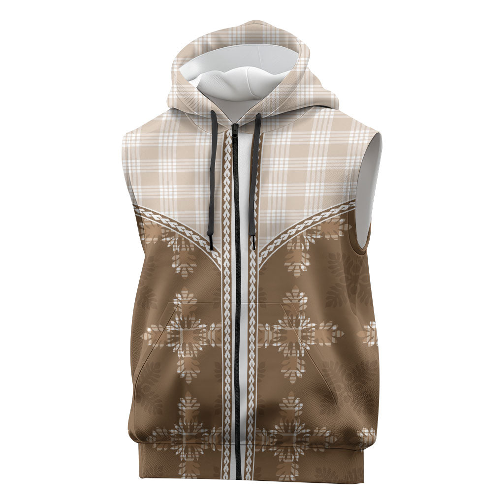 Beige Hawaii Paniolo Quilt Motif Sleeveless Zip Hoodie