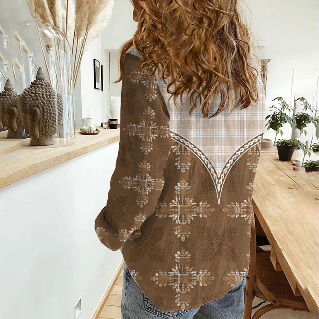Beige Hawaii Paniolo Quilt Motif Women Casual Shirt LT05 - Polynesian Pride