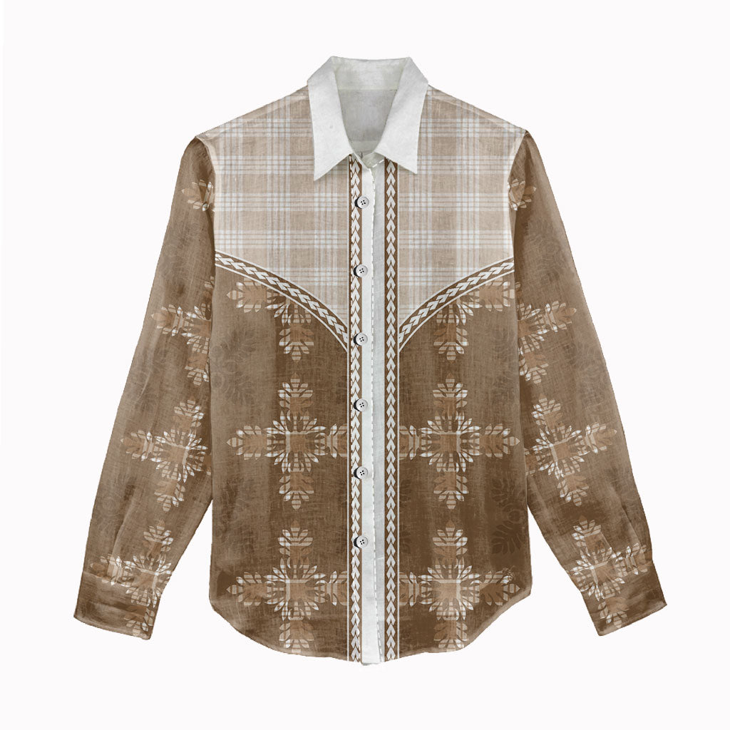 Beige Hawaii Paniolo Quilt Motif Women Casual Shirt LT05 - Polynesian Pride