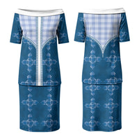 Blue Hawaii Paniolo Quilt Motif Couples Matching Puletasi and Hawaiian Shirt LT05 - Polynesian Pride