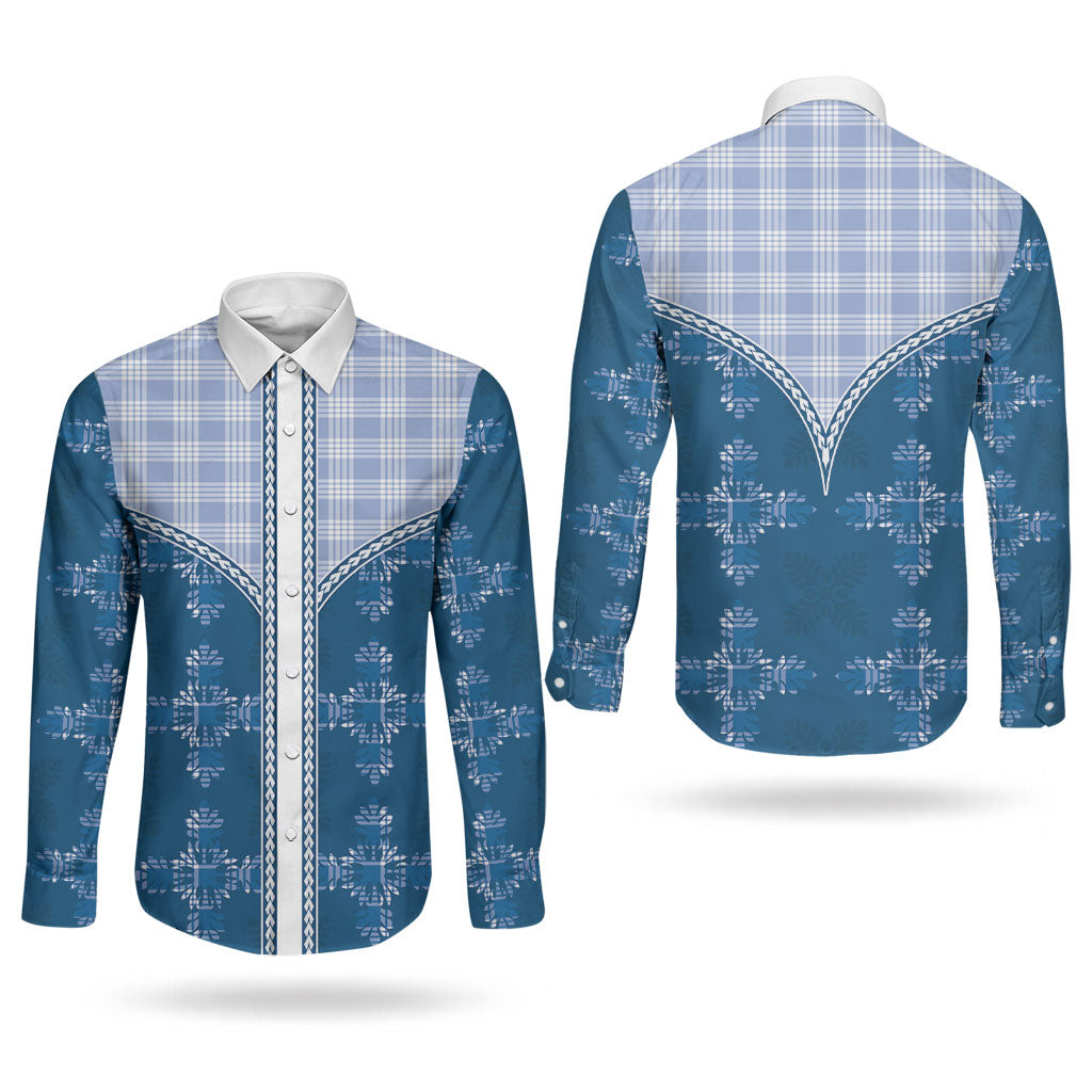 Blue Hawaii Paniolo Quilt Motif Couples Matching Summer Maxi Dress and Long Sleeve Button Shirt LT05 - Polynesian Pride