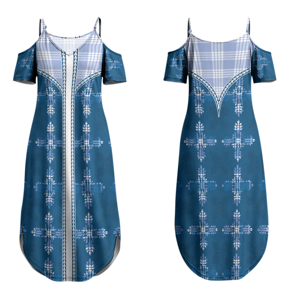 Blue Hawaii Paniolo Quilt Motif Couples Matching Summer Maxi Dress and Long Sleeve Button Shirt LT05 - Polynesian Pride