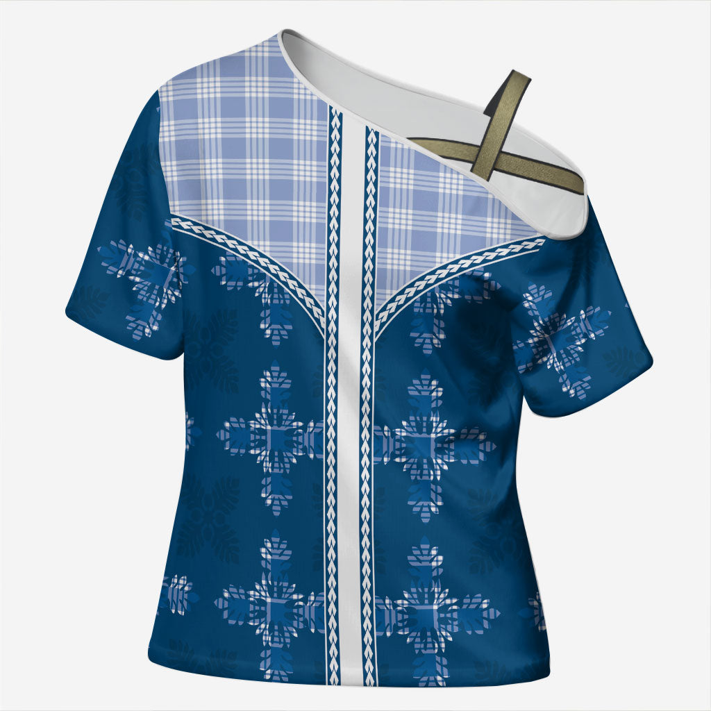 Blue Hawaii Paniolo Quilt Motif Cross Shoulder Shirt LT05 Female Blue - Polynesian Pride