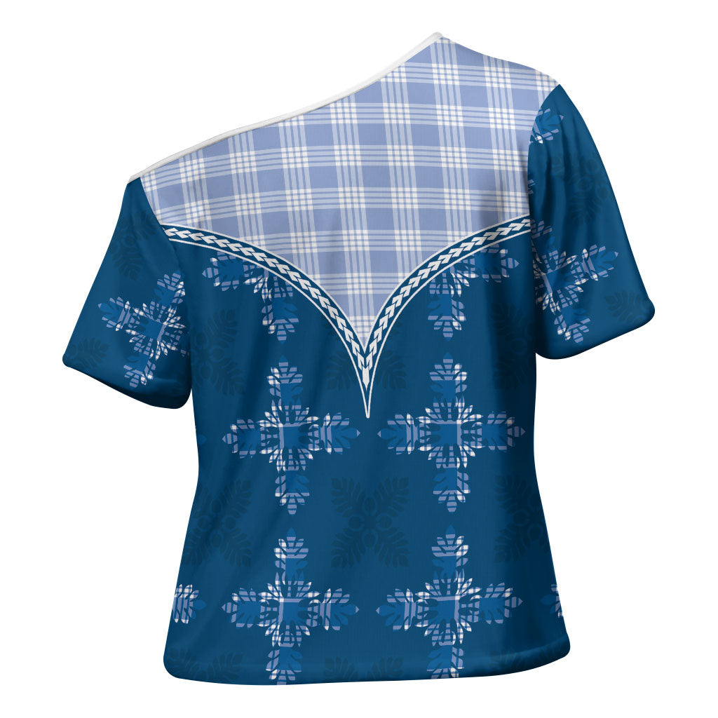 Blue Hawaii Paniolo Quilt Motif Cross Shoulder Shirt LT05 - Polynesian Pride