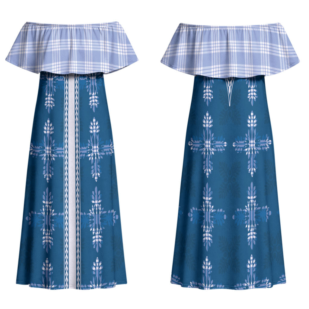 Blue Hawaii Paniolo Quilt Motif Family Matching Off Shoulder Maxi Dress and Hawaiian Shirt LT05 Mom's Dress Blue - Polynesian Pride