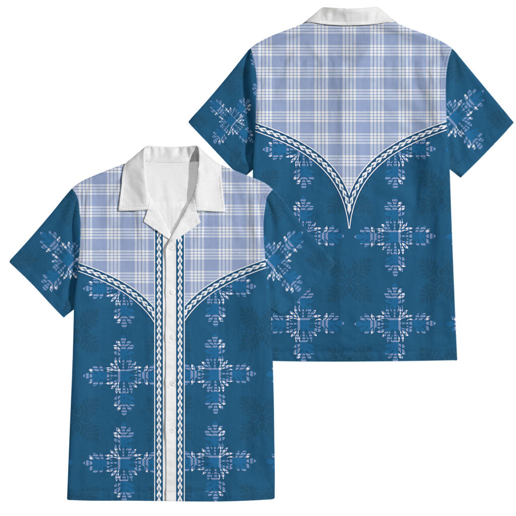 Blue Hawaii Paniolo Quilt Motif Family Matching Off Shoulder Maxi Dress and Hawaiian Shirt LT05 Dad's Shirt - Short Sleeve Blue - Polynesian Pride