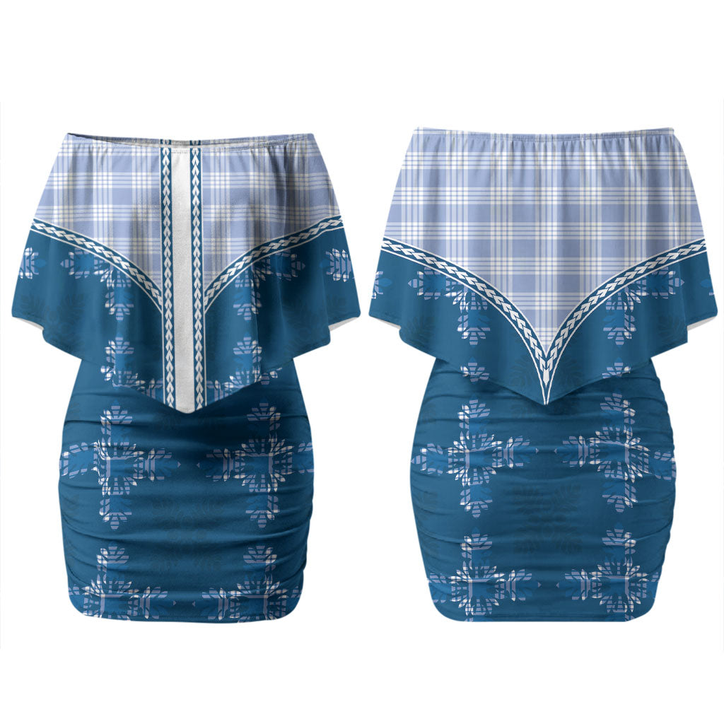 Blue Hawaii Paniolo Quilt Motif Family Matching Off Shoulder Short Dress and Hawaiian Shirt LT05 Mom's Dress Blue - Polynesian Pride