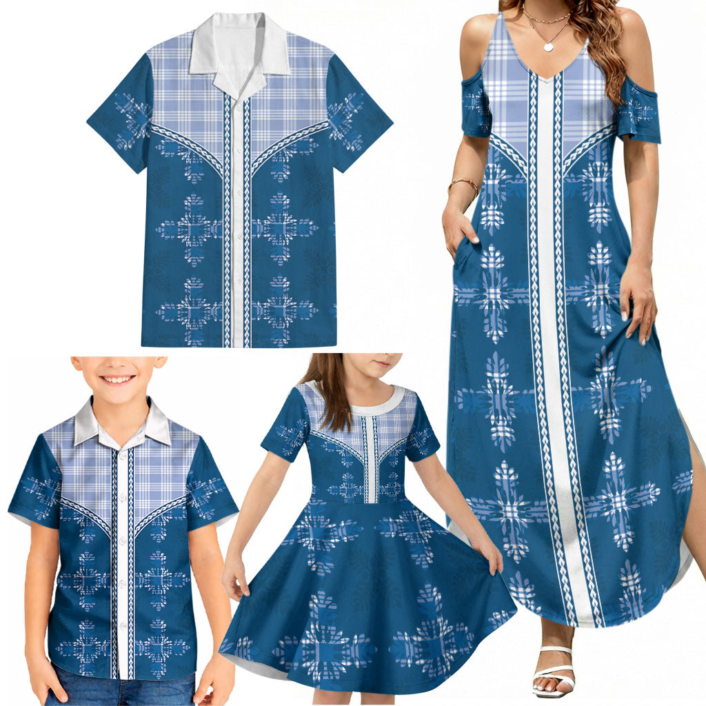 Blue Hawaii Paniolo Quilt Motif Family Matching Summer Maxi Dress and Hawaiian Shirt LT05 - Polynesian Pride