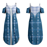 Blue Hawaii Paniolo Quilt Motif Family Matching Summer Maxi Dress and Hawaiian Shirt LT05 Mom's Dress Blue - Polynesian Pride