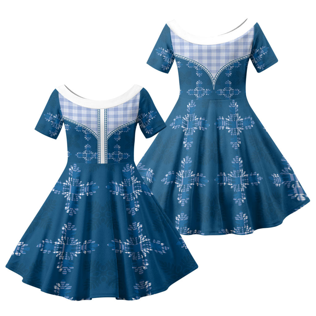 Blue Hawaii Paniolo Quilt Motif Family Matching Summer Maxi Dress and Hawaiian Shirt LT05 Daughter's Dress Blue - Polynesian Pride