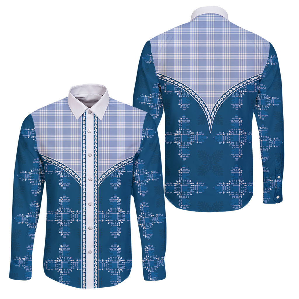 Blue Hawaii Paniolo Quilt Motif Family Matching Tank Maxi Dress and Hawaiian Shirt LT05 Dad's Shirt - Long Sleeve Blue - Polynesian Pride
