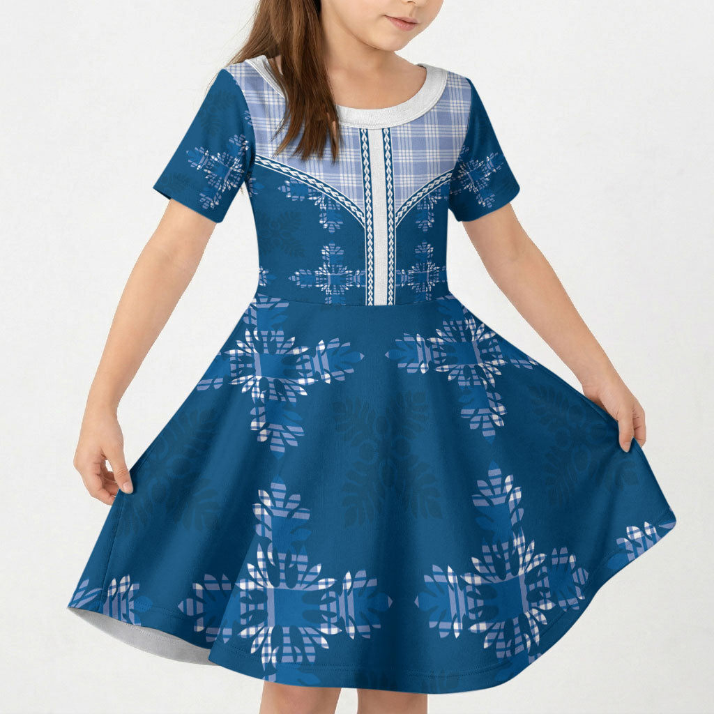 Blue Hawaii Paniolo Quilt Motif Kid Short Sleeve Dress