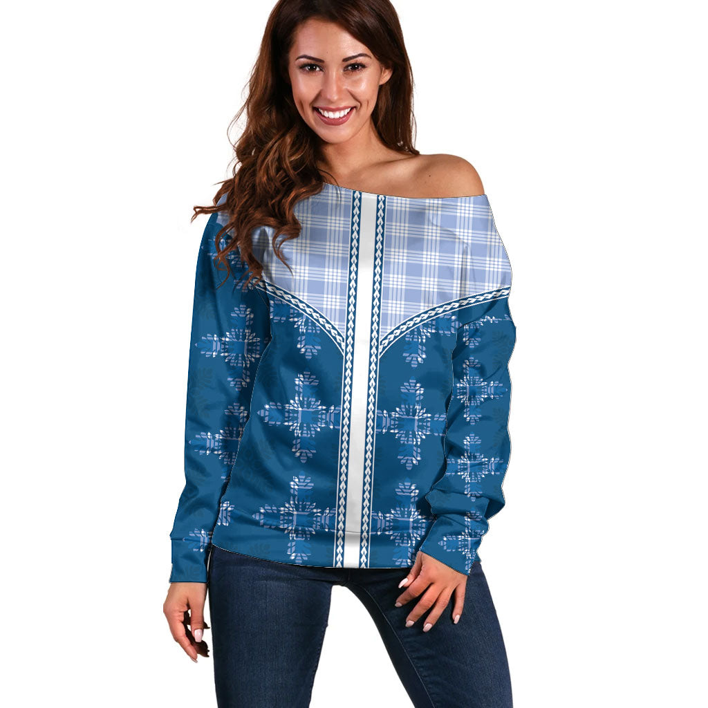 Blue Hawaii Paniolo Quilt Motif Off Shoulder Sweater