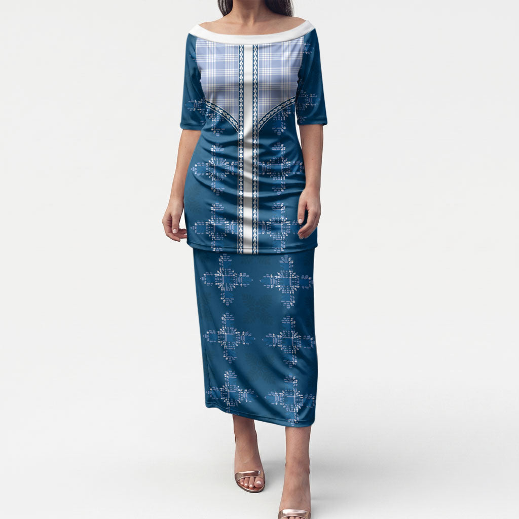 Blue Hawaii Paniolo Quilt Motif Puletasi LT05 Long Dress Blue - Polynesian Pride