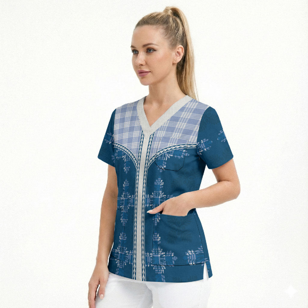 Blue Hawaii Paniolo Quilt Motif Scrub Top LT05 - Polynesian Pride