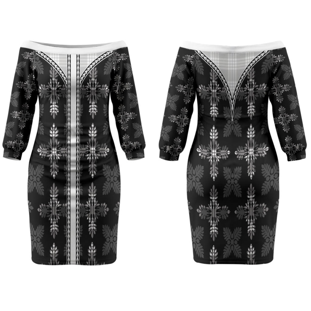 Black Hawaii Paniolo Quilt Motif Couples Matching Off The Shoulder Long Sleeve Dress and Hawaiian Shirt LT05 - Polynesian Pride