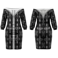 Black Hawaii Paniolo Quilt Motif Couples Matching Off The Shoulder Long Sleeve Dress and Hawaiian Shirt LT05 - Polynesian Pride