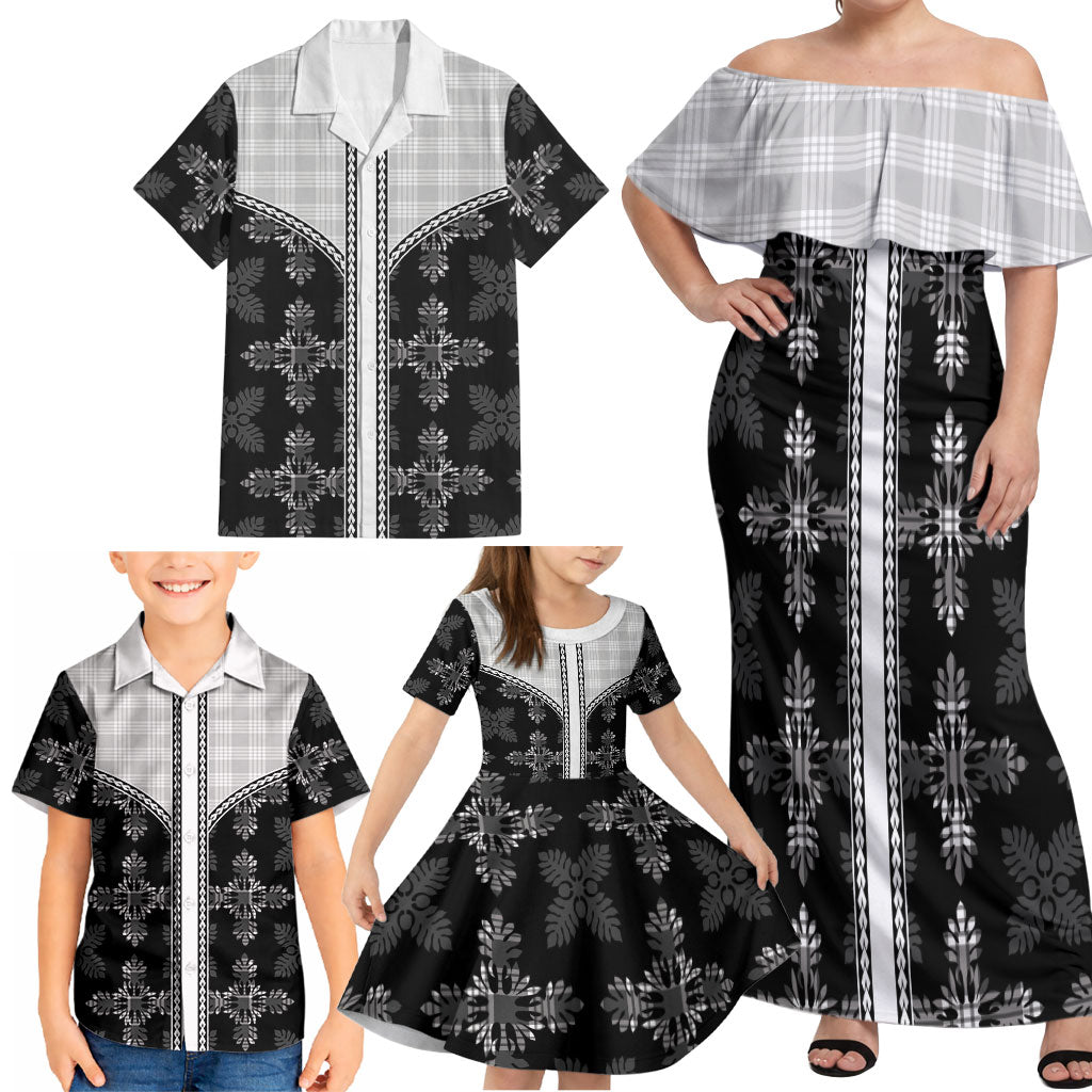 Black Hawaii Paniolo Quilt Motif Family Matching Off Shoulder Maxi Dress and Hawaiian Shirt LT05 - Polynesian Pride
