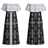 Black Hawaii Paniolo Quilt Motif Family Matching Off Shoulder Maxi Dress and Hawaiian Shirt LT05 Mom's Dress Black - Polynesian Pride