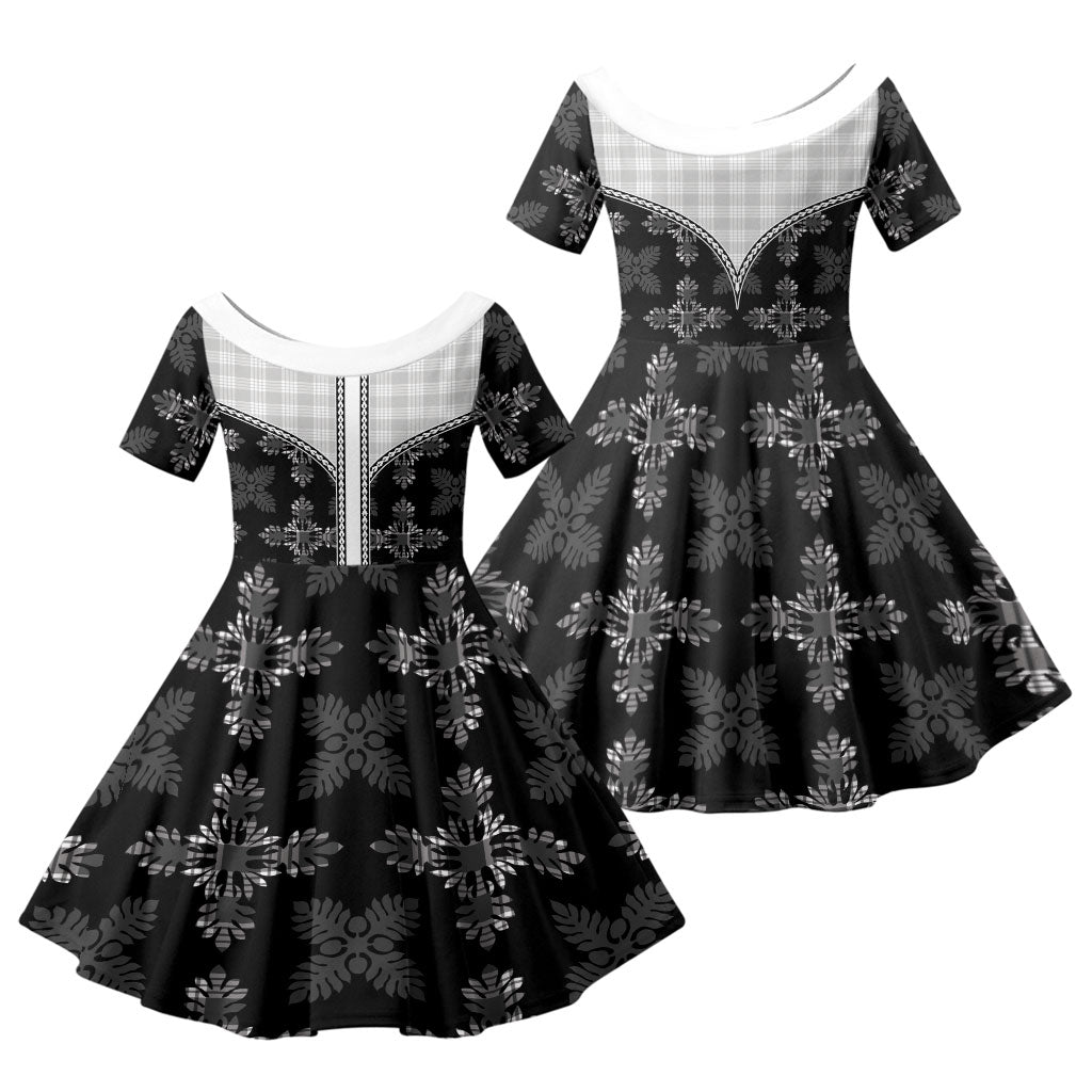 Black Hawaii Paniolo Quilt Motif Family Matching Off Shoulder Maxi Dress and Hawaiian Shirt LT05 Daughter's Dress Black - Polynesian Pride