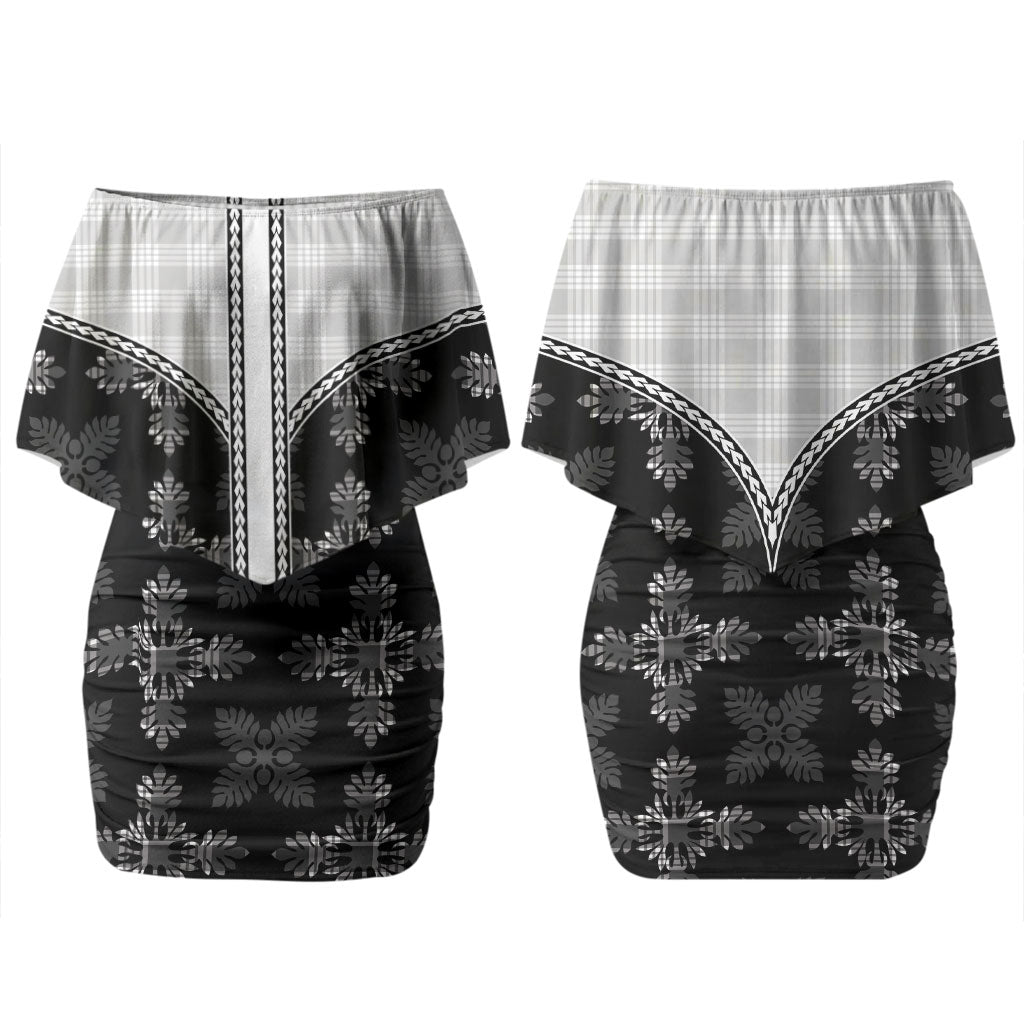 Black Hawaii Paniolo Quilt Motif Family Matching Off Shoulder Short Dress and Hawaiian Shirt LT05 Mom's Dress Black - Polynesian Pride
