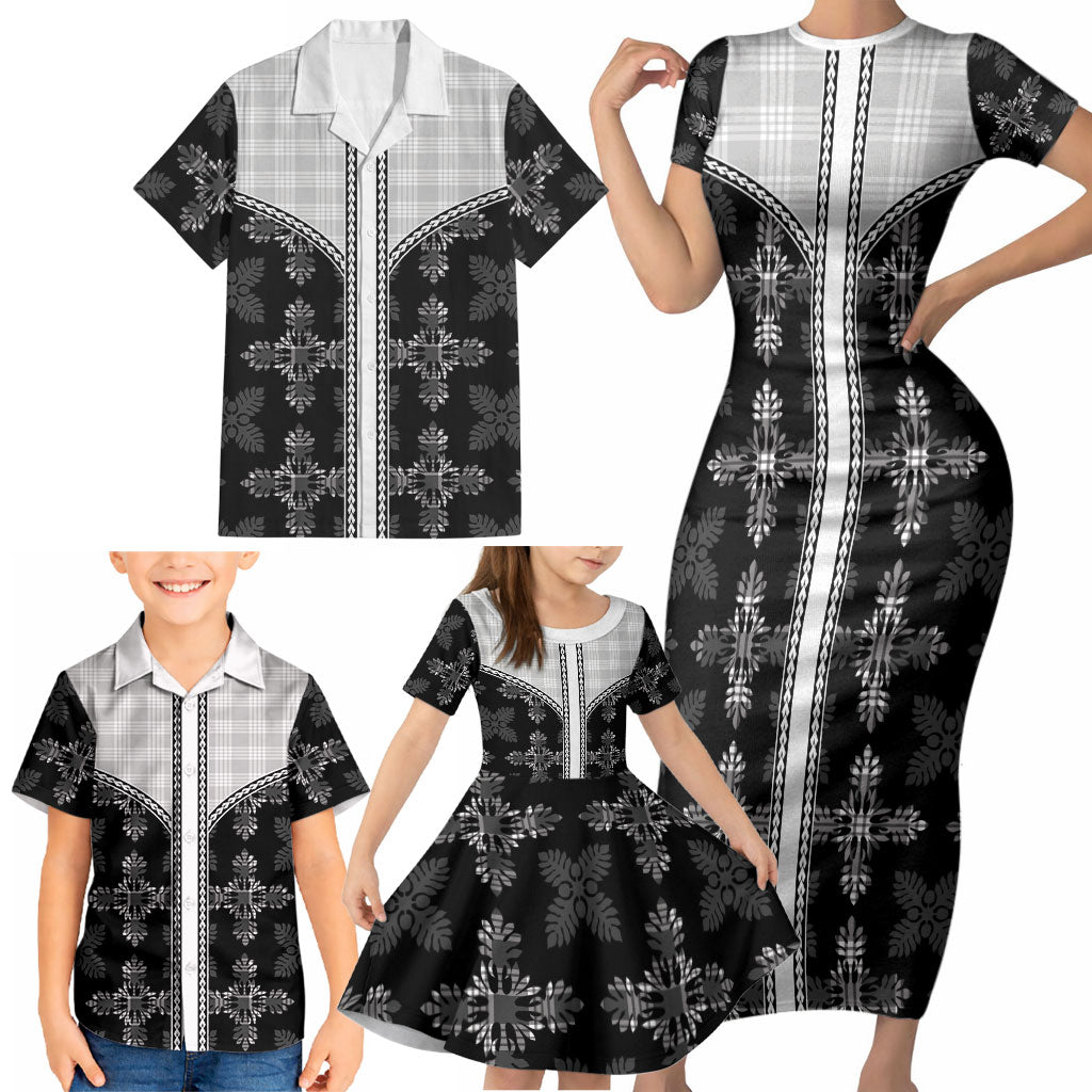 Black Hawaii Paniolo Quilt Motif Family Matching Short Sleeve Bodycon Dress and Hawaiian Shirt LT05 - Polynesian Pride