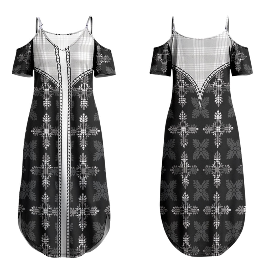 Black Hawaii Paniolo Quilt Motif Family Matching Summer Maxi Dress and Hawaiian Shirt LT05 Mom's Dress Black - Polynesian Pride