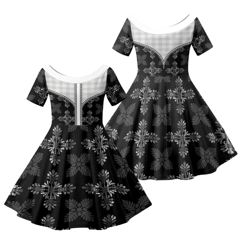 Black Hawaii Paniolo Quilt Motif Family Matching Summer Maxi Dress and Hawaiian Shirt LT05 Daughter's Dress Black - Polynesian Pride