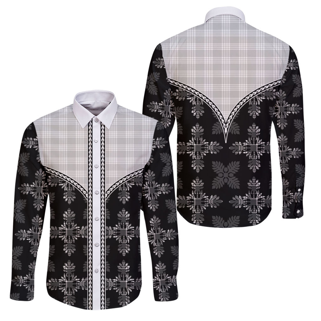 Black Hawaii Paniolo Quilt Motif Family Matching Tank Maxi Dress and Hawaiian Shirt LT05 Dad's Shirt - Long Sleeve Black - Polynesian Pride