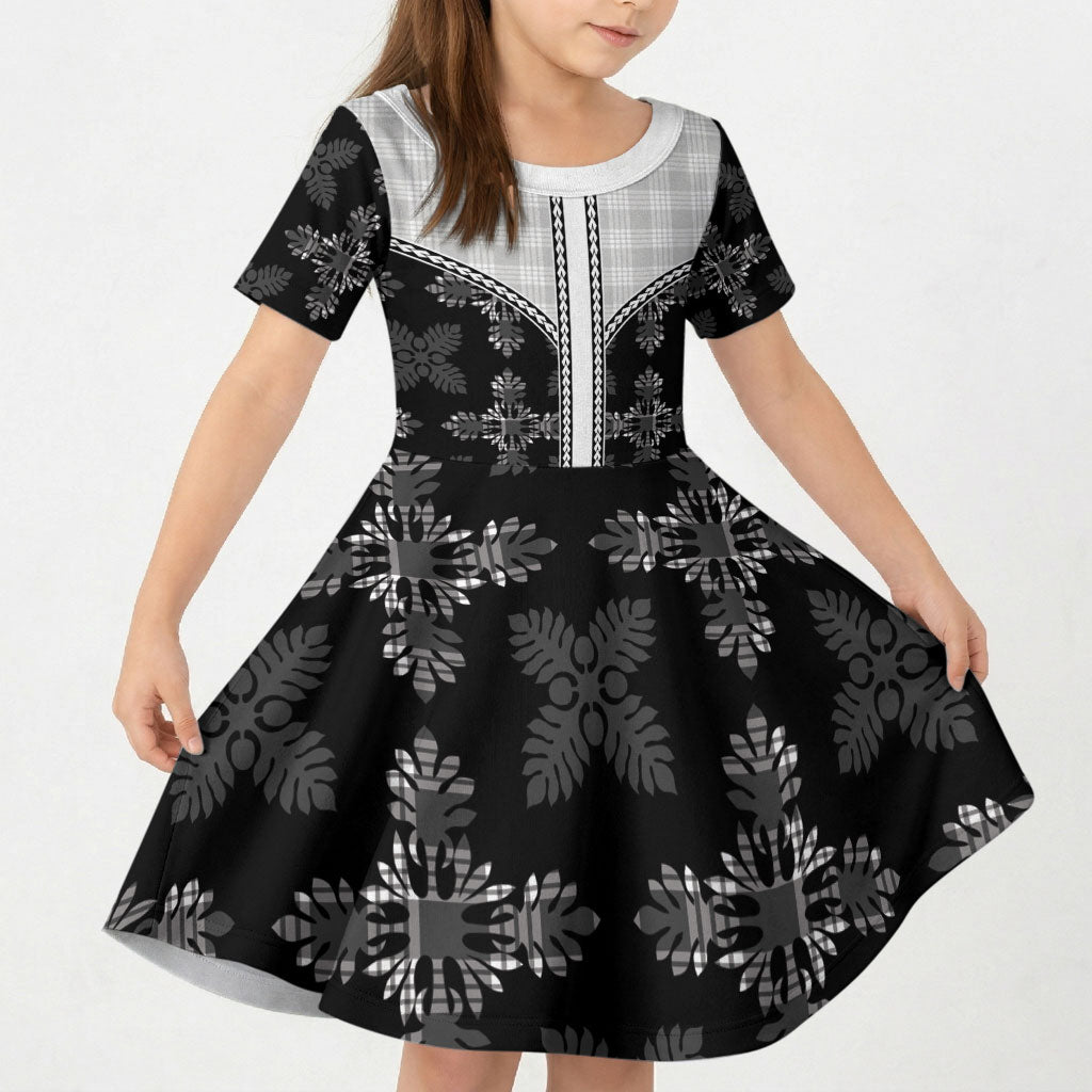 Black Hawaii Paniolo Quilt Motif Kid Short Sleeve Dress